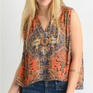 Free People Orange Paisley Sleeveless V-Neck Top
